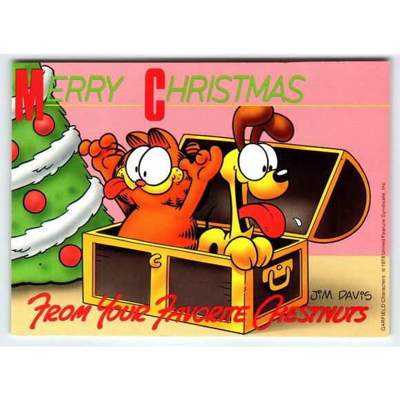 Garfield Merry Christmas Postcard Odie Dog Jim Davis Comic Orange Tabby Cat 1978 - Picture 1 of 2